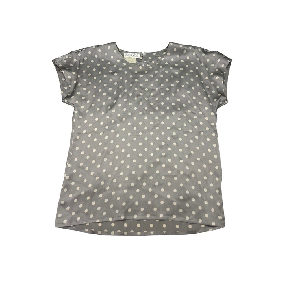 Escada womens gray cream polka dot silk blouse. Size 36, US XS. office, preppy